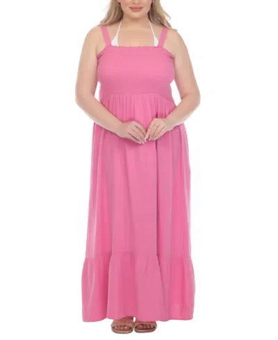 Raviya Plus Size Smocked Cotton Sleeveless Cover Up Maxi Dress In Pink Fizz