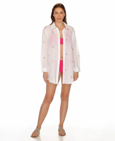 Raviya Women's Embroidery Sea Shell Button-down Cover-up Shirt In White