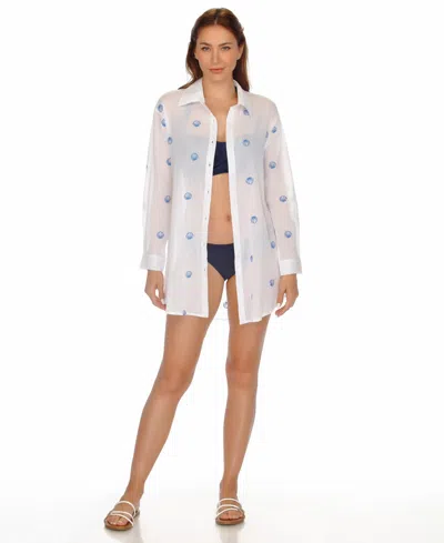 Raviya Women's Embroidery Sea Shell Button-down Cover-up Shirt In White