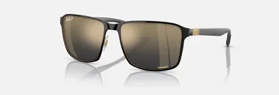 Pre-owned Ray Ban 3721 Chromance Polarized Polished Black On Gold Rb3721ch 187/j0 59-17 In Blue/gold Mirror