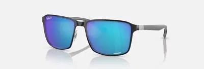 Pre-owned Ray Ban 3721 Chromance Polarized Polished Black On Silver Blue Rb3721ch 9144a1 59-17 In Blue Mirror