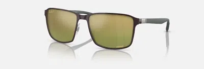 Pre-owned Ray Ban 3721 Chromance Polarized Polished Brown On Gunmetal Rb3721ch 188/6o 59-17 In Green/gold Mirror