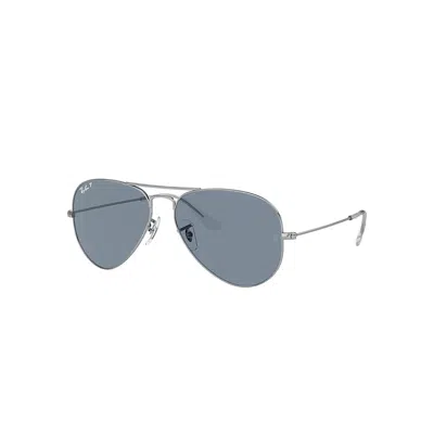 RAY BAN SUNGLASSES UNISEX AVIATOR CLASSIC - SILVER FRAME BLUE LENSES POLARIZED 58-14
