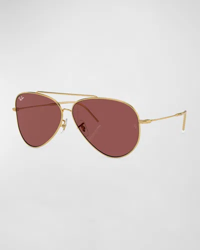 Ray Ban Golden Metal & Plastic Aviator Sunglasses In Dark Violet