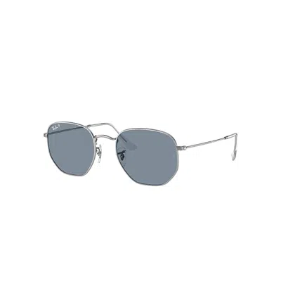 RAY BAN SUNGLASSES UNISEX HEXAGONAL FLAT LENSES - SILVER FRAME BLUE LENSES POLARIZED 51-21