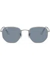 Ray Ban Sunglasses Unisex Hexagonal Flat Lenses - Silver Frame Blue Lenses Polarized 54-21 In Silber