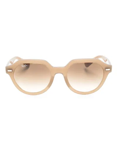 Ray Ban Logo-plaque Round-frame Sunglasses In Neutrals
