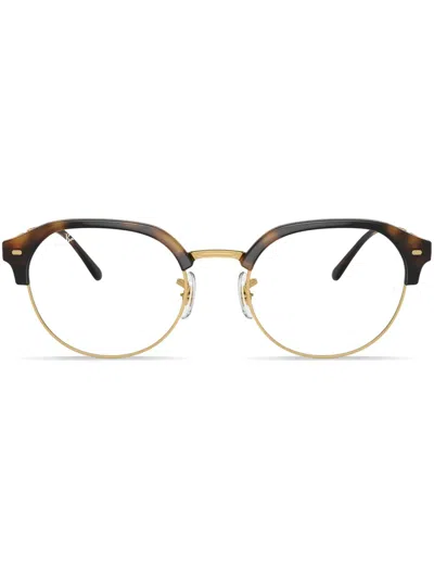 Ray Ban Logo-print Round-frame Glasses In Brown