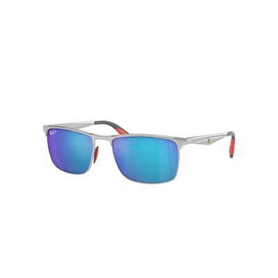 RAY BAN RB3726M SCUDERIA FERRARI COLLECTION SONNENBRILLEN SILBER FASSUNG BLAU GLAS POLARISIERT 57-18
