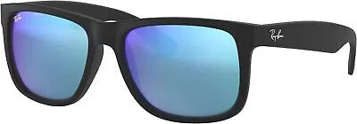 Pre-owned Ray Ban Ray-ban Rb4165 Justin Rectangular Sunglasses, Rubber Black Blue Flash, 55 Mm
