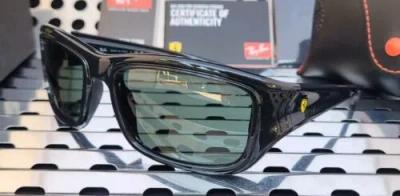 Pre-owned Ray Ban Rb4405m Ferrari Sunglasses Gloss Black W/ Dark Classic Green Lenses