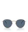 Ray Ban Round Reverse Sunglasses Rose Gold Frame Blue Lenses 55-21 In Gold