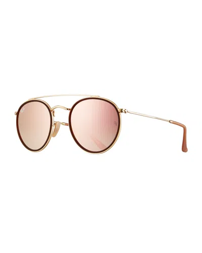 Ray Ban Round Double-bridge Flash Sunglasses In Gold-pink