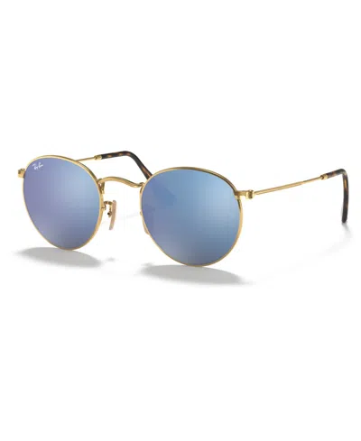 Ray Ban Sunglasses, Rb3447n Round Flat Lenses In Gold Shiny,blue Mirror
