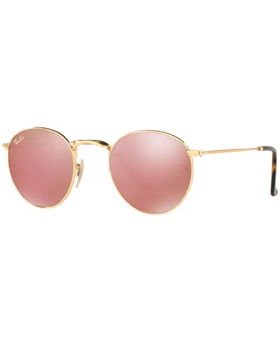 Ray Ban Sunglasses, Rb3447n Round Flat Lenses In Gold Shiny,copper Mirror