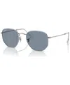 Ray Ban Sunglasses Unisex Hexagonal Flat Lenses - Silver Frame Blue Lenses Polarized 51-21 In Silver-tone