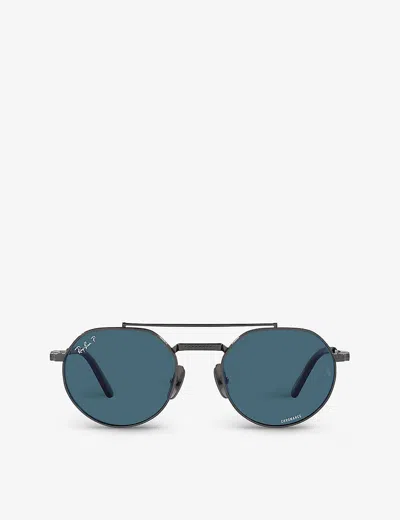 Ray Ban Round Ii Titanium Sunglasses Gunmetal Frame Blue Lenses Polarized 53-20