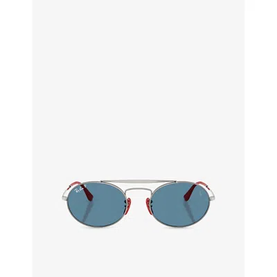 Ray Ban Womens Silver Ray-ban X Scuderia Ferrari Rb3775m Round-frame Metal Sunglasses In Blue