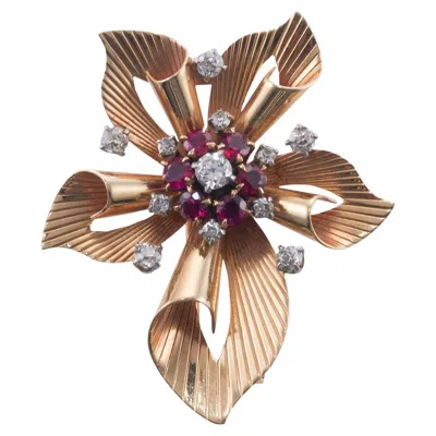 Pre-owned Raymond C. Yard Raymond Yard Retro Diamond Ruby Gold Flower Brooch In Multi