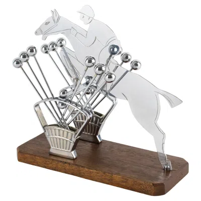 Pre-owned Raymond Sudre Art Deco Chrome And Wood Rider And Horse Cocktail Picks, France Circa 1930 In Brown