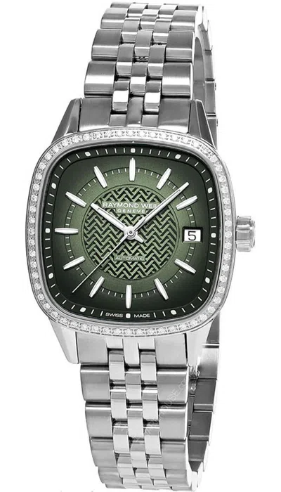 Pre-owned Raymond Weil Freelancer Auto Diamond Green Dial Ss Women's Watch 2490-sts-52051