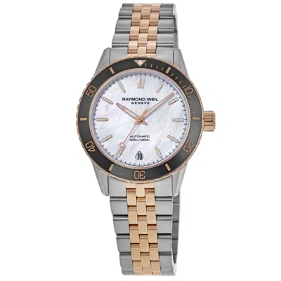 Raymond Weil Freelancer Automatic Diver Mother Of Pearl Dial Two Tone Steel Women's Watch 2755-s51-97001 In White