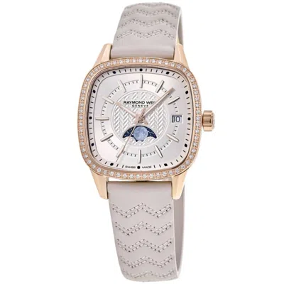 Raymond Weil Freelancer Automatic Moon Phase Cream Dial Diamond Bezel Leather Strap Women's Watch 2496-c5s-40051 In Gold
