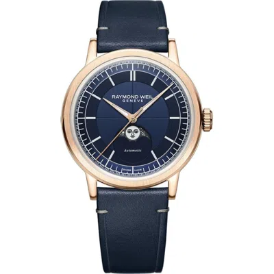 Raymond Weil Millesime Automatic Moon Phase Blue Dial Leather Strap Men's Watch 2945-pc5-50001