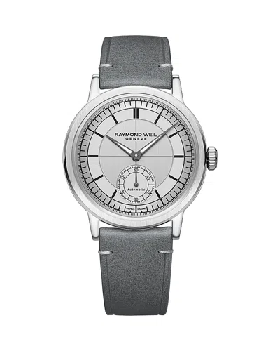 RAYMOND WEIL MILLESIME AUTOMATIC SMALL SECONDS LEATHER STRAP WATCH, 39.5MM