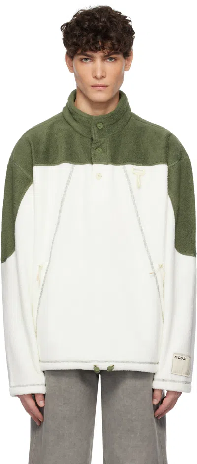 Rcos Off White & Green Sherpa Fleece Collared Jacket In Green & White