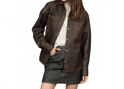 Rd International Aliska Distressed Faux Leather Snap Front Shirt In Cedar Brown
