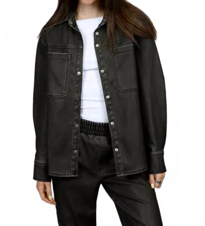Rd International Aliska Distressed Faux Leather Snap Front Shirt In Fossil In Black