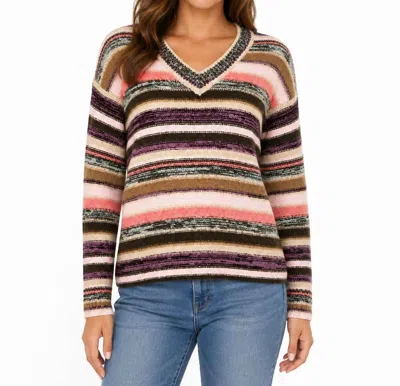 Rd Style Long Sleeve V-neck Sweater In Multicolor Striped