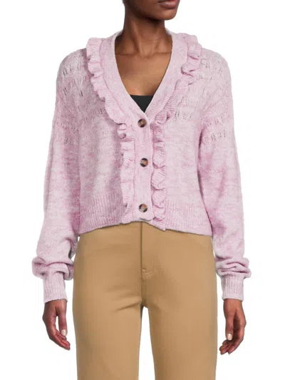 Rd Style Women's Ruffle Trim Pointelle Knit Cardigan In Pink