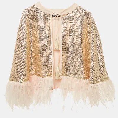 Pre-owned Rdalamal Gold Sequin Feather Detail Cape One Size
