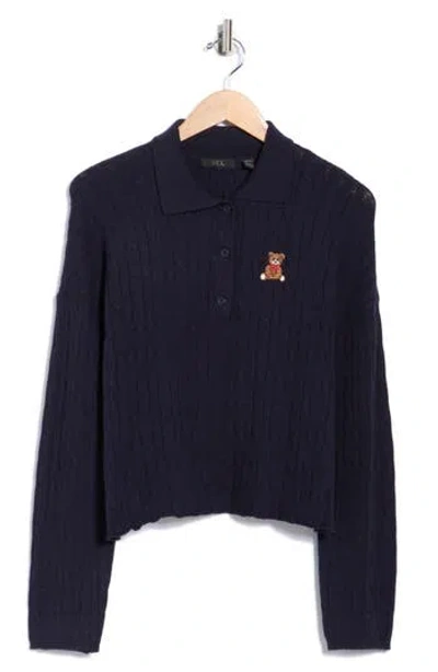 Rdi Embroidered Teddy Polo Sweater In Blue
