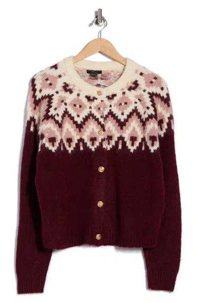 Rdi Fair Isle Button Front Cagan In Burgundy