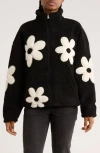 Rdi Flower Appliqué Faux Shearling Zip Jacket In Black