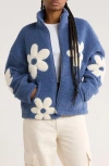 Rdi Flower Appliqué Faux Shearling Zip Jacket In Blue