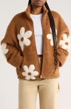 Rdi Flower Appliqué Faux Shearling Zip Jacket In Brown