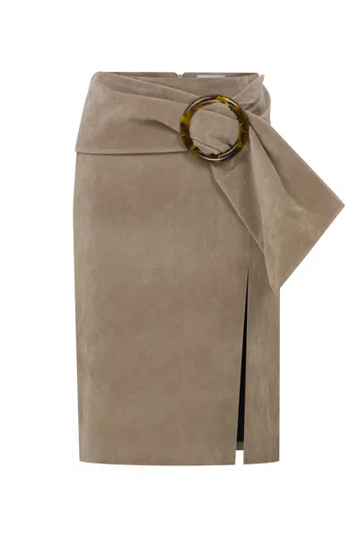 Re-cordis Paris Women's Neutrals Suede Skirt With Accessories Detail In White