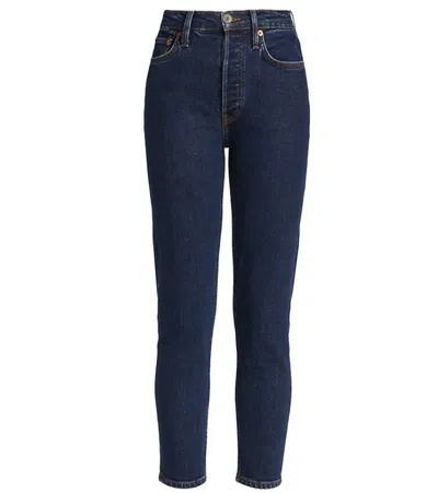 Re/done 90s Brand-patch Slim-leg High-rise Jeans In Blue