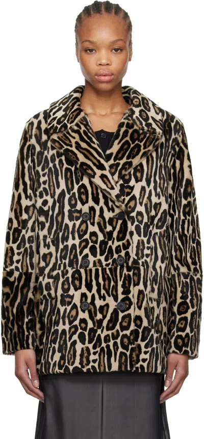 RE/DONE BLACK & BROWN LEOPARD SHEARLING PEACOAT
