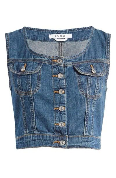 Re/done Cotton Denim Crop Button-up Vest In Whiskey Indigo