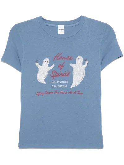 Re/done Printed Cotton-jersey T-shirt In Light Blue