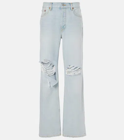 Re/done Loose Long Distressed Straight Jeans In Blue