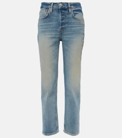 Re/done Mid Rise Stove Pipe Straight Jeans In Blue