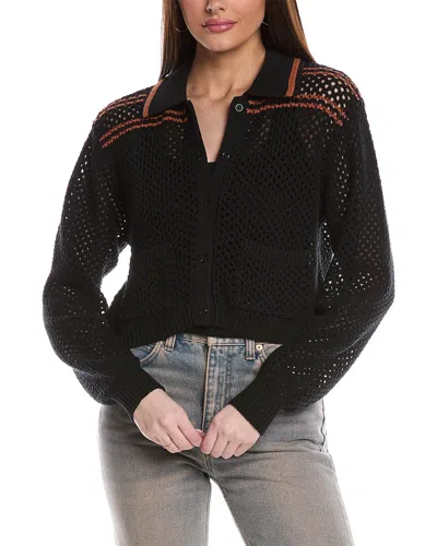 Re/done Crochet Mesh Polo Cotton Cardigan In 黑色