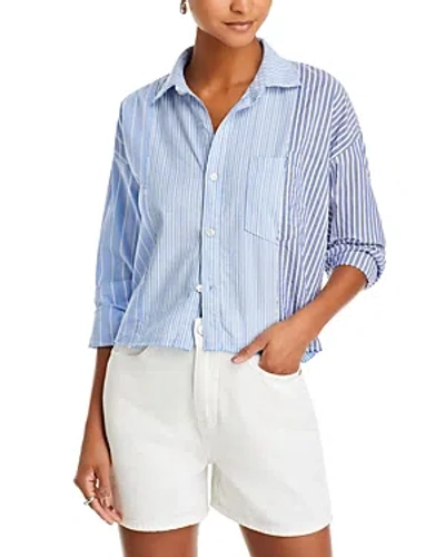 Re/done Raw Oxford Striped Button Front Shirt In Blue Stripe