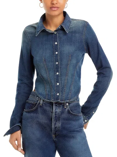 Re/done Womens Collar Cropped Button-down Top In Blue